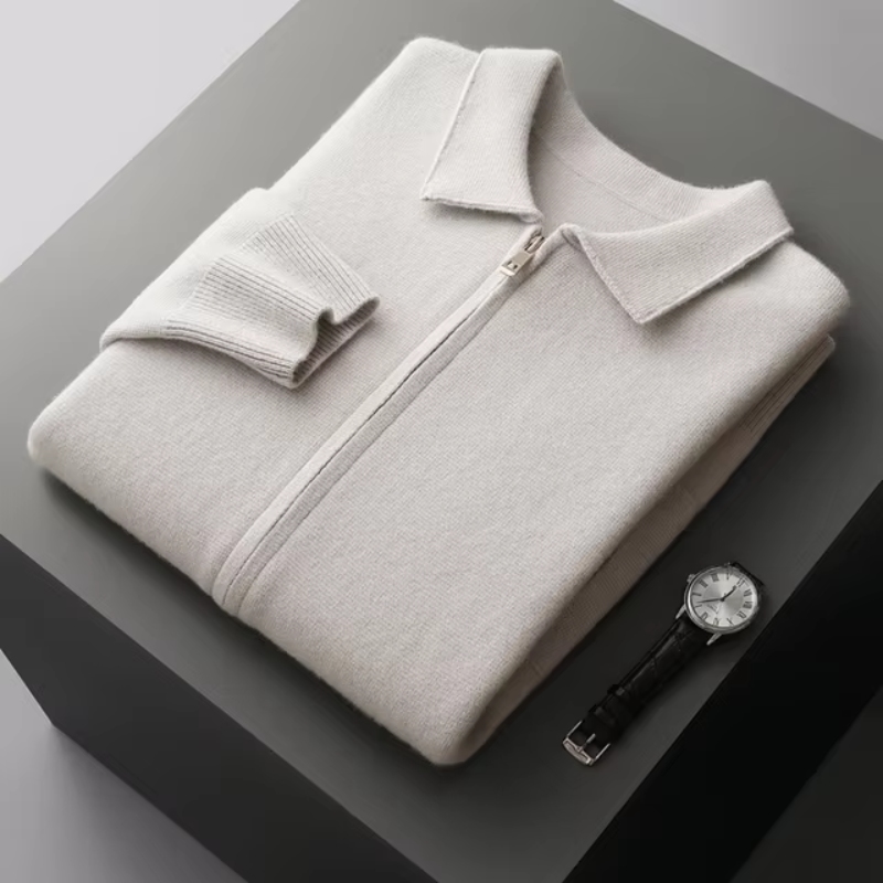 Luxury men's zip-up cardigan vest minimalist silhouette timeless neutral tone sleeveless layering piece