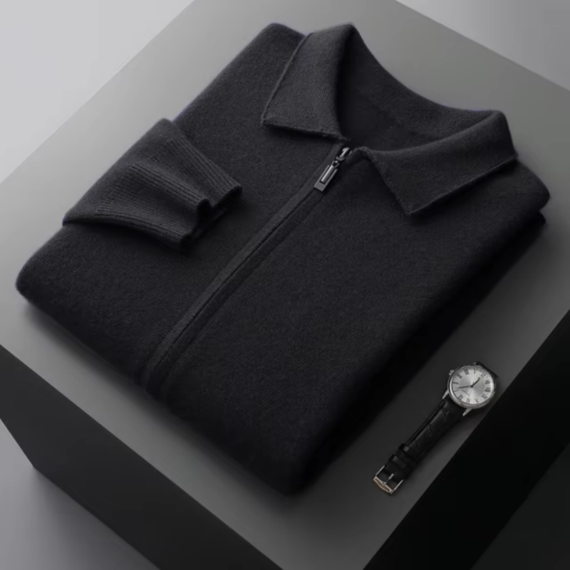 Adrian De Vries minimalist zip-up cardigan vest for men, sleek modern silhouette with zipper closure