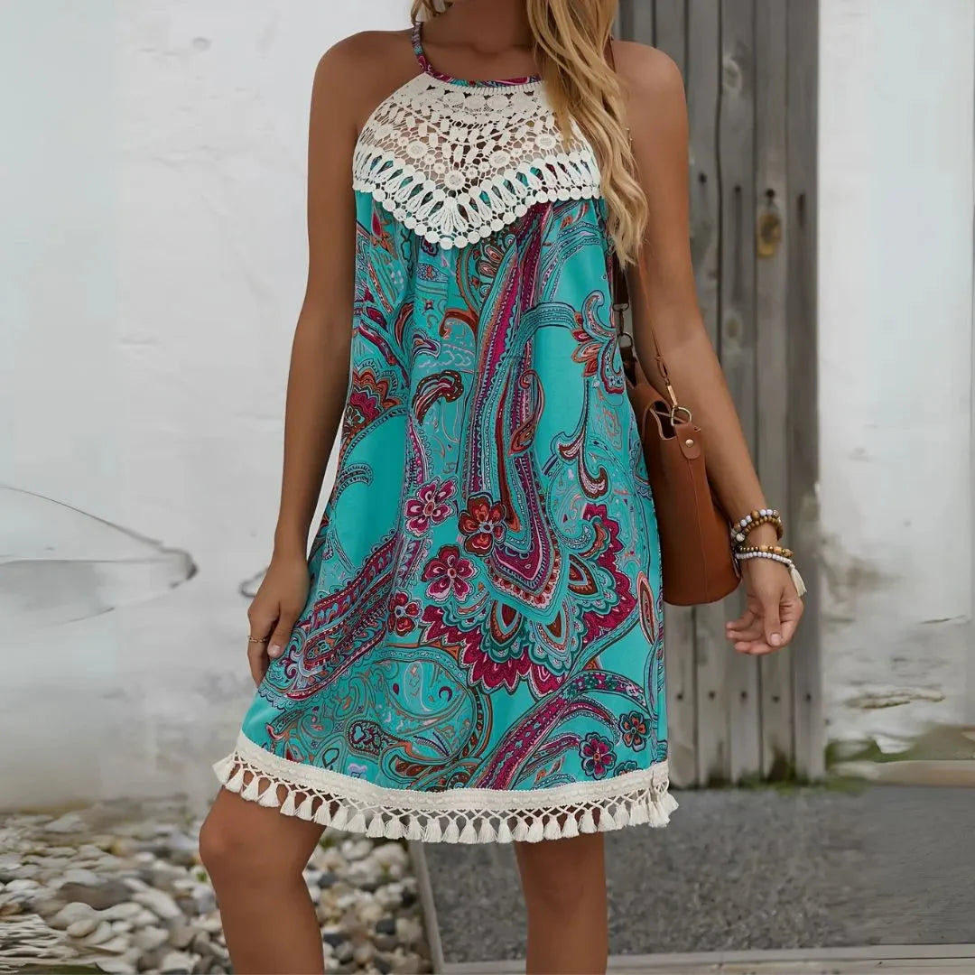 Boho maxi dress crochet halter neckline tassel trim paisley print sleeveless lightweight beachwear