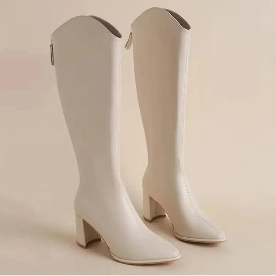 Women's black faux leather knee-high boots pointed toe stiletto heel back zip closure