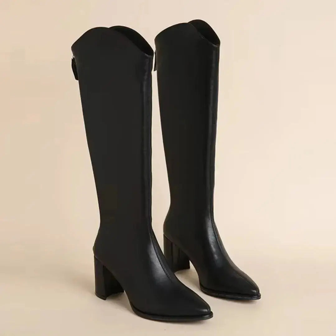 Women's black faux leather knee-high heeled boots pointed toe back zip timeless silhouette