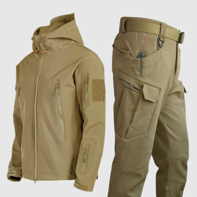 Men's olive tactical jacket and reinforced pants set with zip pockets, windproof softshell outdoor explorer