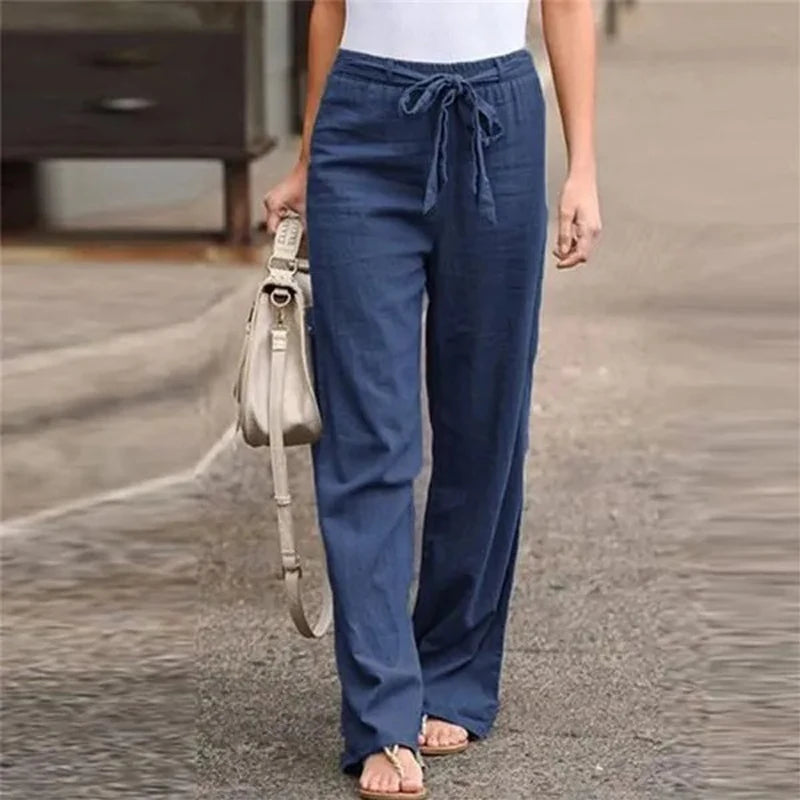 Beige stretch linen blend pants relaxed unisex fit breathable lightweight everyday comfort wear