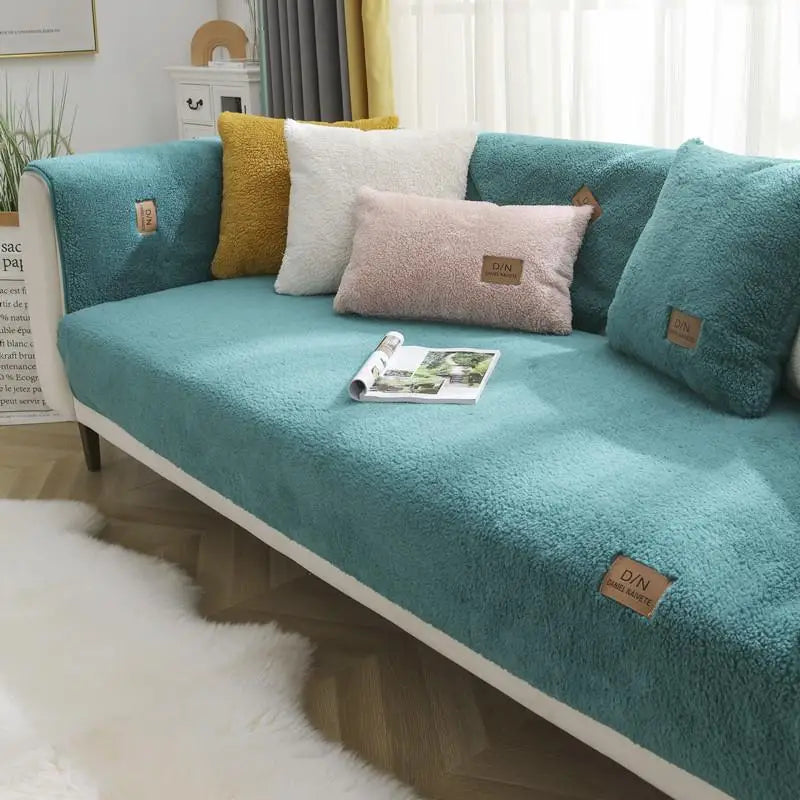 Sherpa fleece sofa cover cozy plush beige with non-slip backing for family living room protection