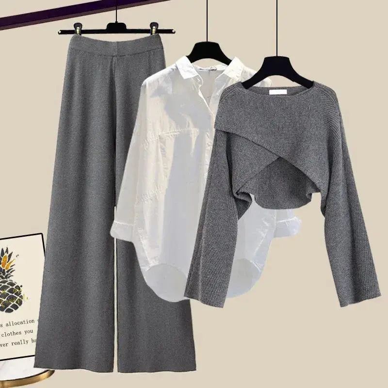 Women's three-piece knit set wide leg pants cropped sweater white shirt relaxed chic silhouette