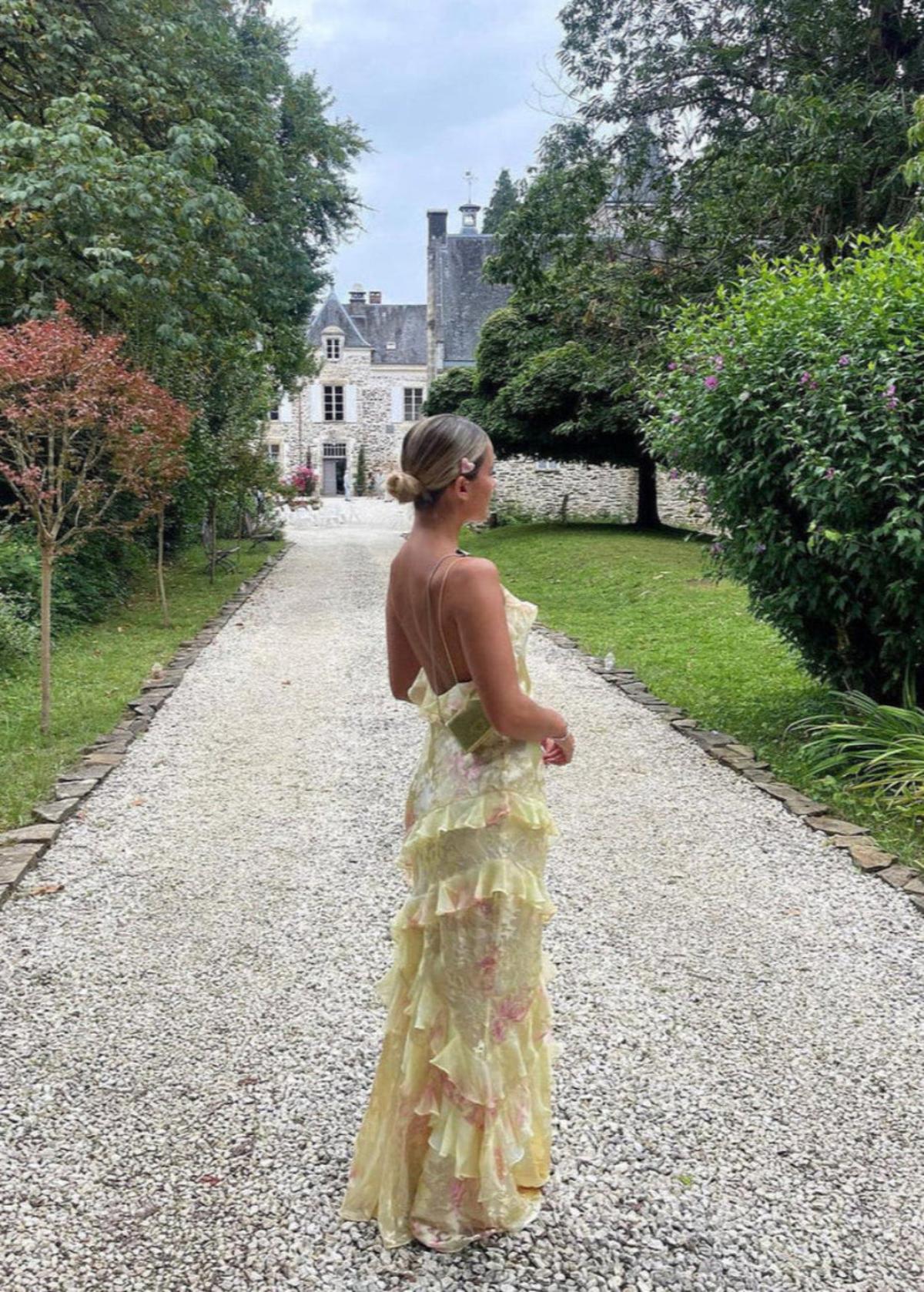 Yellow floral maxi dress with cascading ruffles, light feminine silhouette for women summer formal