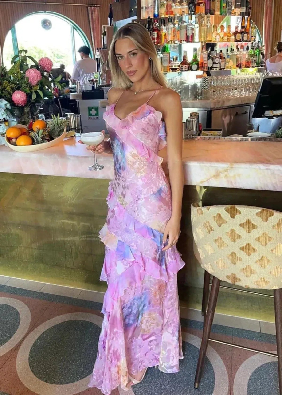 Yellow floral maxi dress with cascading ruffles, feminine silhouette for women summer formal