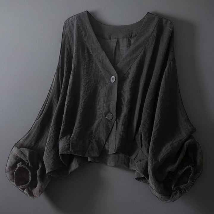 White linen blouse relaxed fit with voluminous balloon sleeves and crinkled texture for women