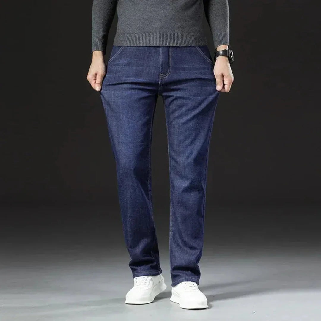Men's sherpa-lined straight leg jeans in blue denim, cotton blend, winter warm fleece interior
