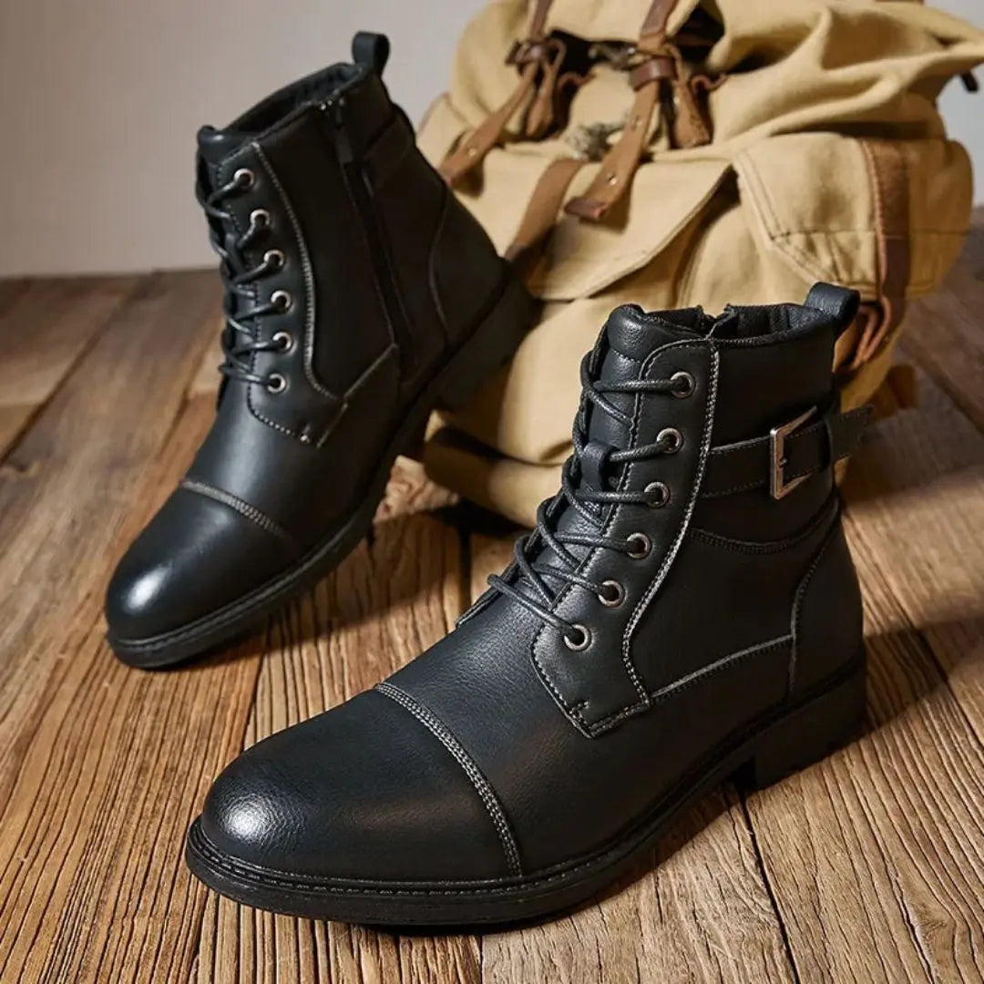 Matte faux leather lace-up streetwear boots with military-inspired style and cushioned insole