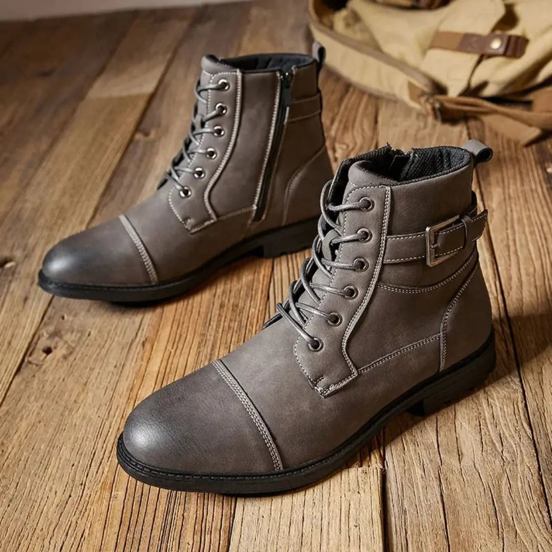 Matte faux leather lace-up streetwear boots with military-inspired style and cushioned insole