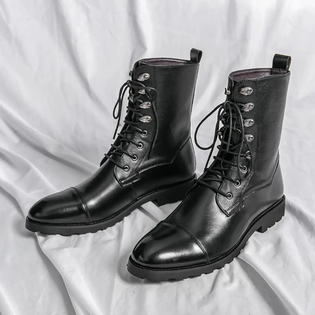 Men's black cap toe leather boots premium full grain cushioned bold silhouette versatile style