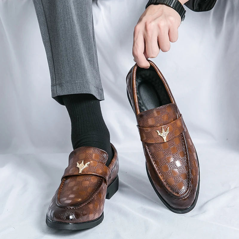 Alba genuine leather check-embossed loafers slip-on professional style with cushioned insole comfort