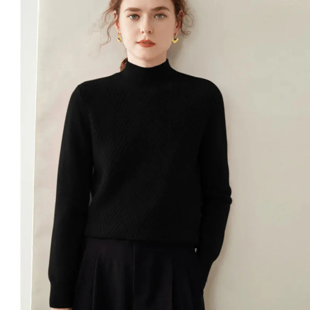 Women's ivory cashmere mock neck sweater with chevron knit pattern and sculpted slim fit