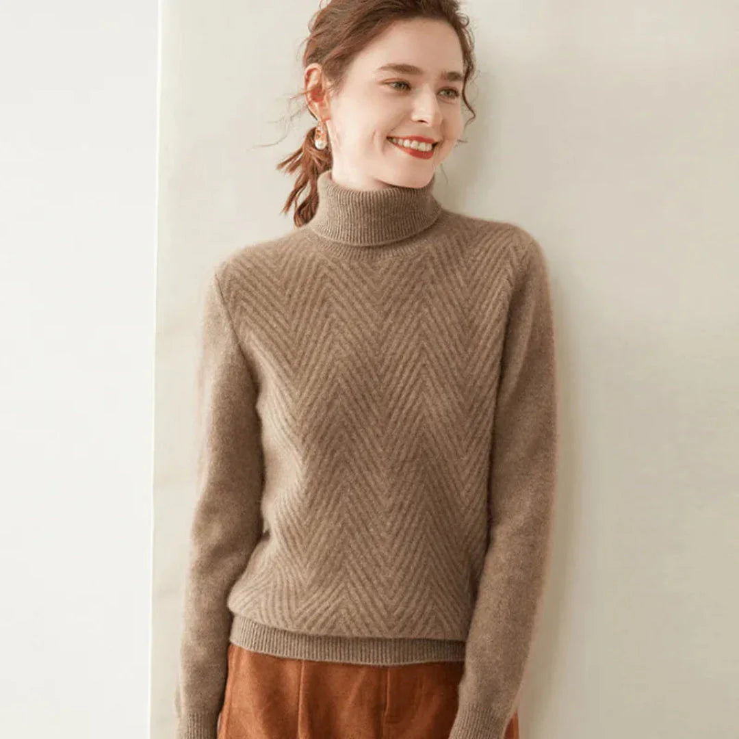 Women's ivory cashmere mock neck sweater with chevron knit pattern and sculpted slim fit