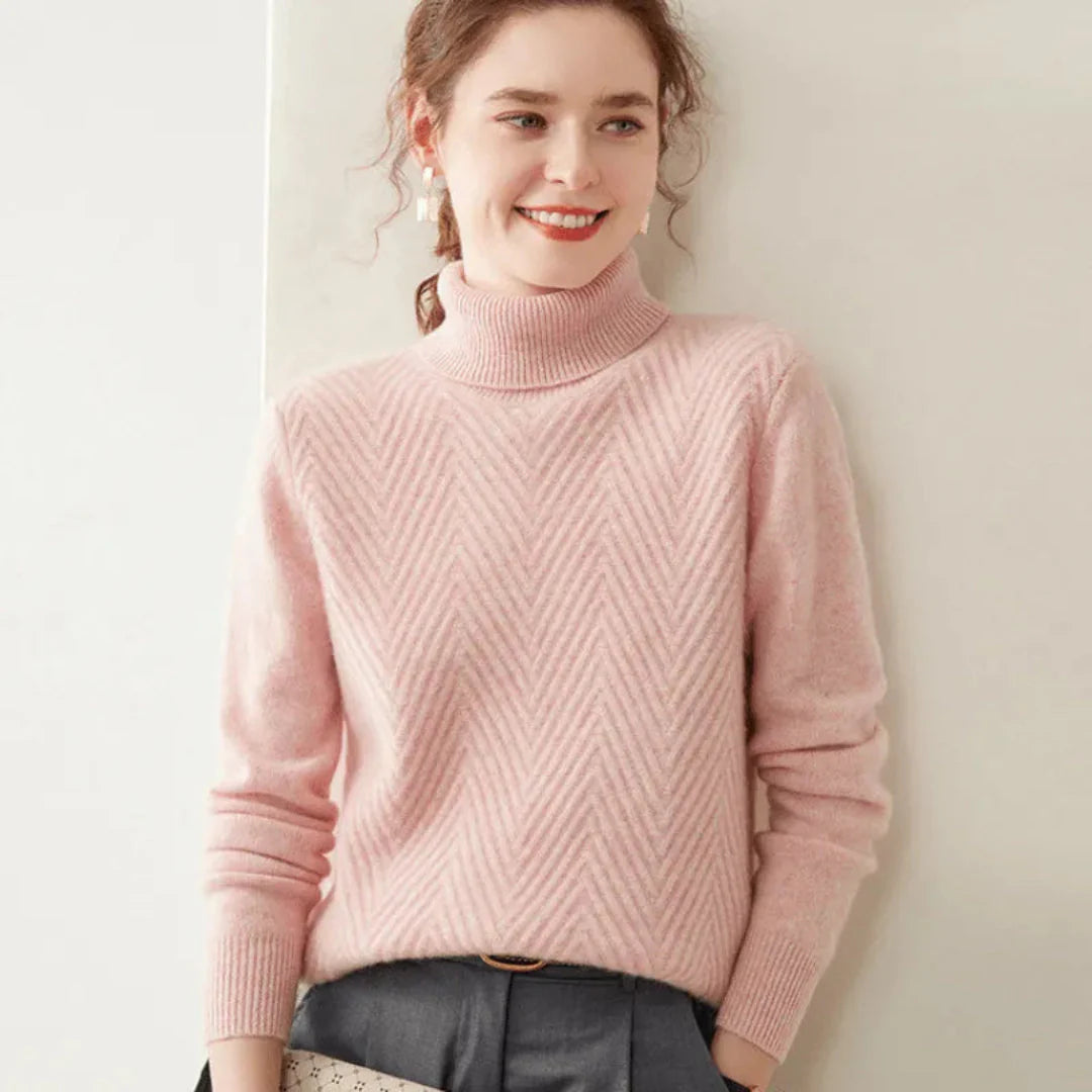 Women's ivory cashmere mock neck sweater with chevron knit pattern and sculpted slim fit