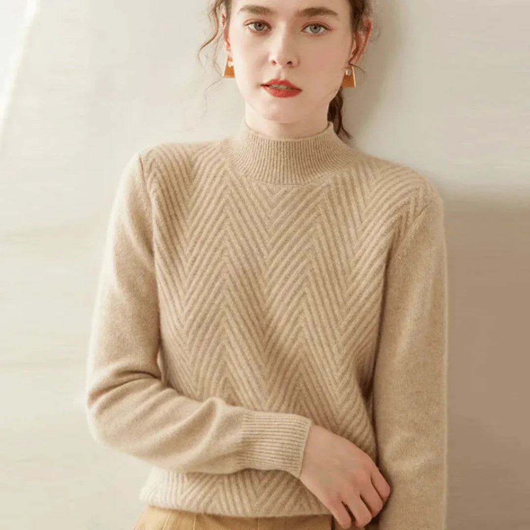 Women's ivory cashmere mock neck sweater with chevron knit texture and sculpted slim silhouette