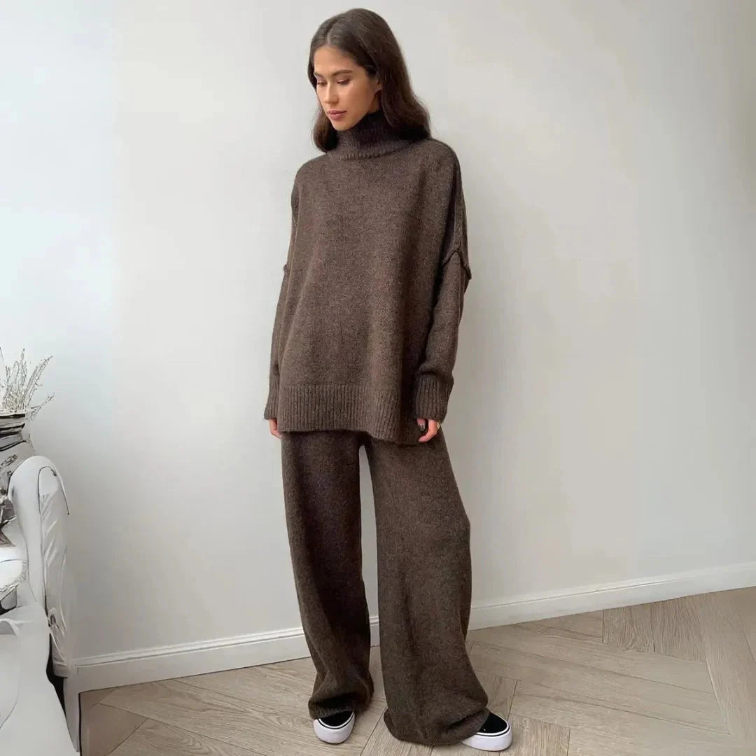Women's oversized turtleneck knit lounge set with wide-leg pants, cozy coordinating two-piece outfit