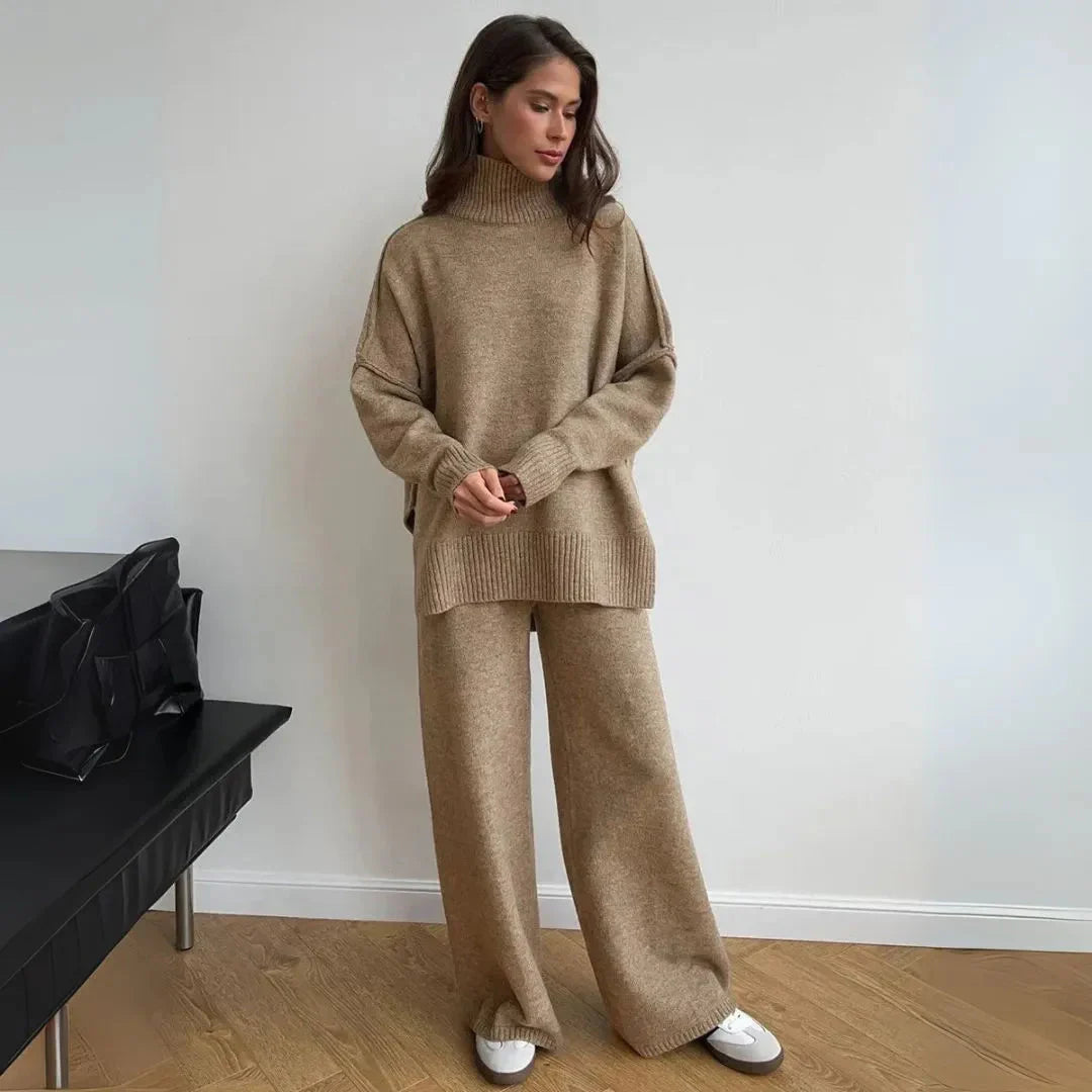 Women's ivory oversized turtleneck knit lounge set with wide-leg pants, cozy coordinating two-piece