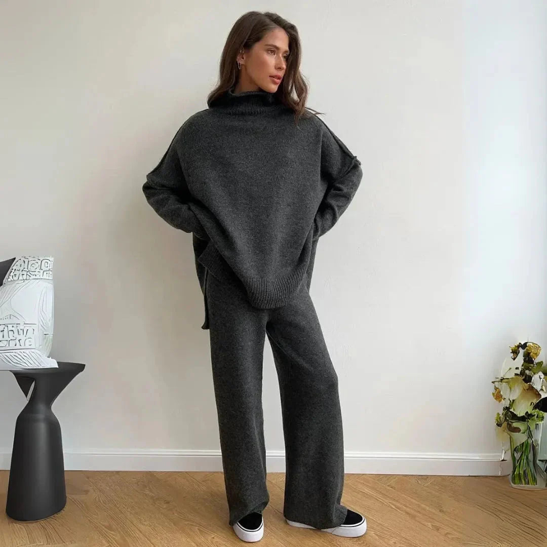 Women's ivory oversized turtleneck knit lounge set with matching wide-leg pants for cozy chic style