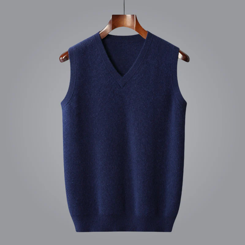 Men's navy cashmere V-neck vest 100% fine-knit sleeveless layering essential durable craftsmanship