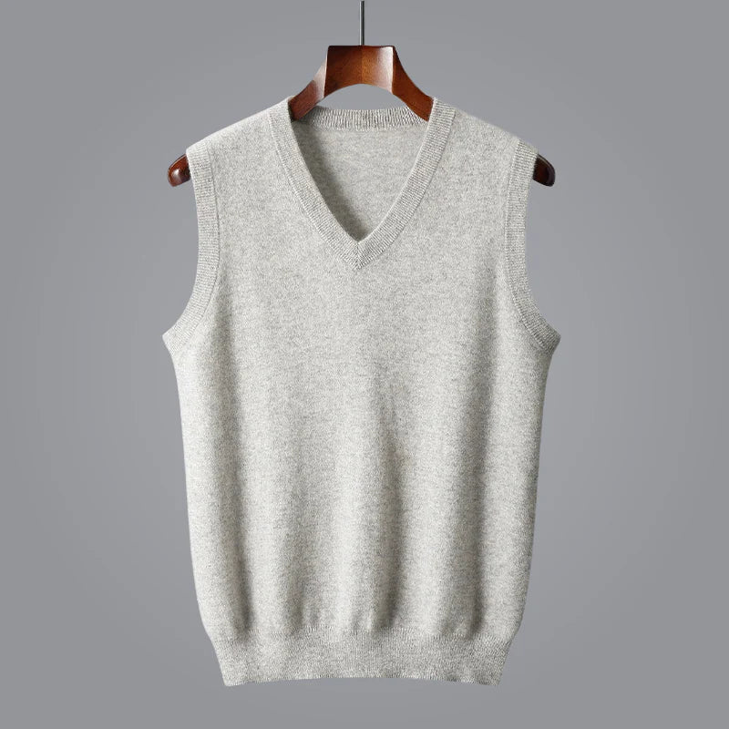 Men's navy cashmere V-neck vest, fine-knit 100% cashmere sleeveless layering essential