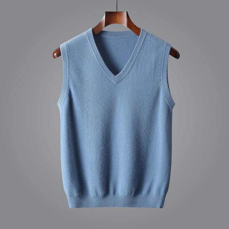 Men's navy cashmere V-neck vest, 100% fine-knit sleeveless layering essential