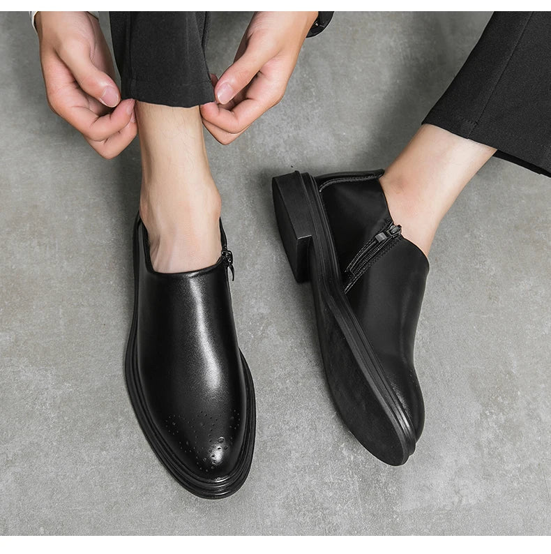 Men's genuine leather loafers sleek minimalist design with side zip easy on-off slip-on dress shoes