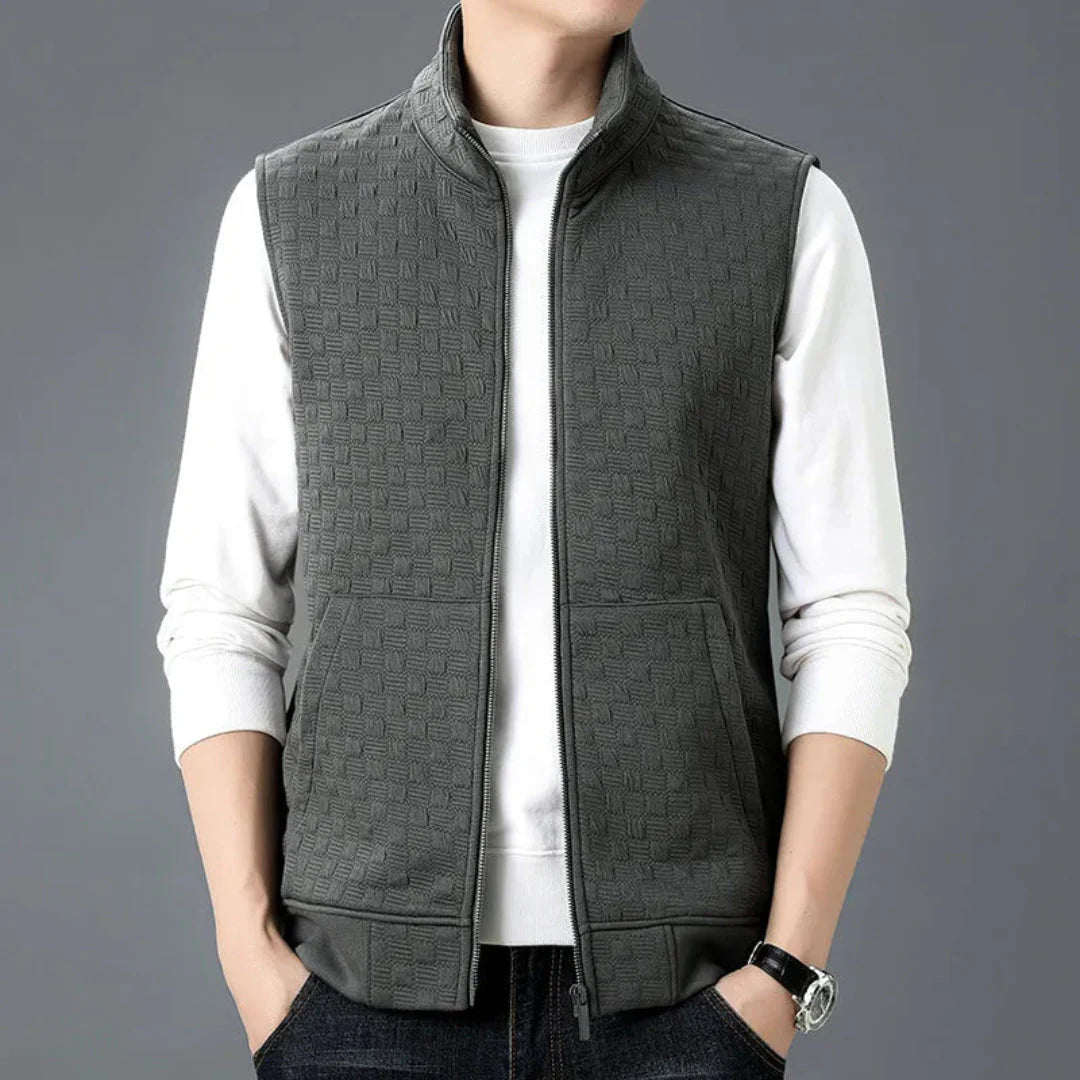 Unisex cotton fleece knit zip-up vest with deep front pockets, soft textured exterior