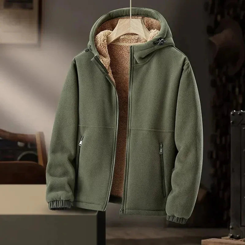 Unisex cashmere-lined fleece hooded jacket minimalist silhouette luxury warmth everyday comfort