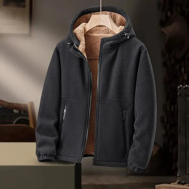 Unisex hooded fleece jacket beige minimalist silhouette with soft cashmere lining for everyday warmth