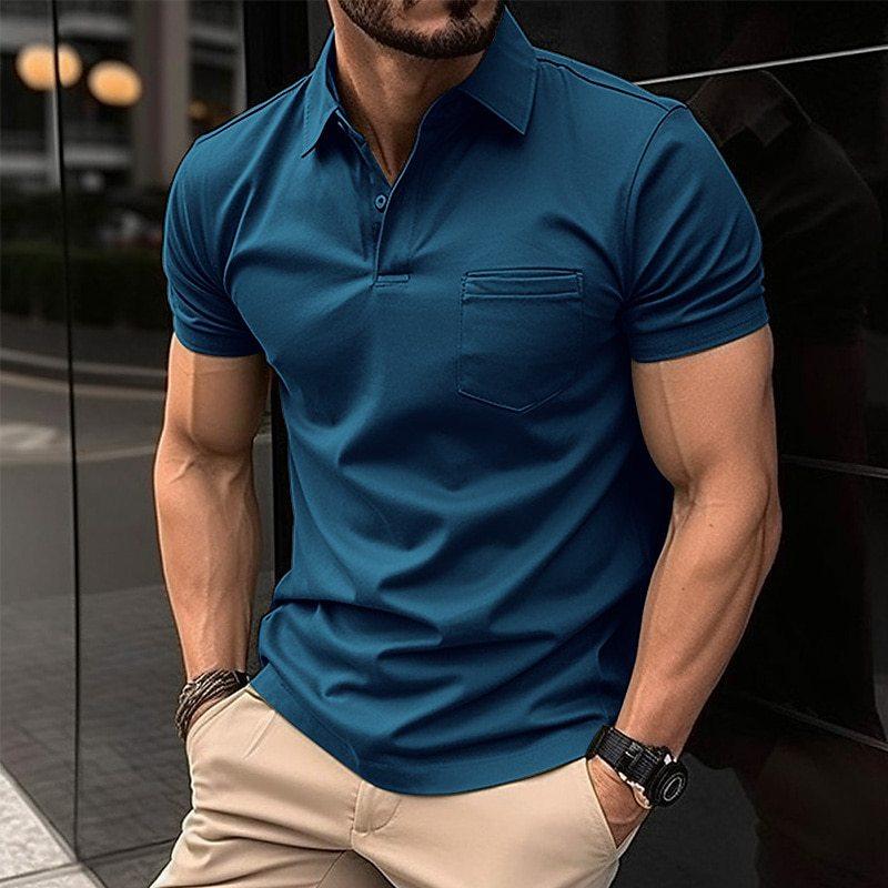 Men's regular fit polo shirt cotton blend short sleeves chest pocket smart-casual breathable urban style