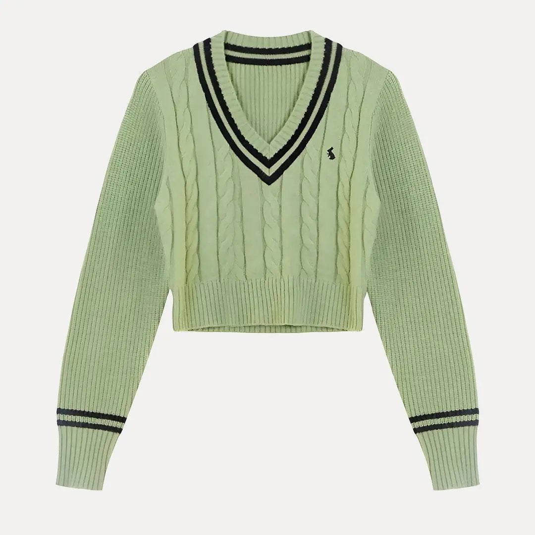 Women's cropped cable knit sweater V-neck with striped trim, cozy soft fabric casual chic style