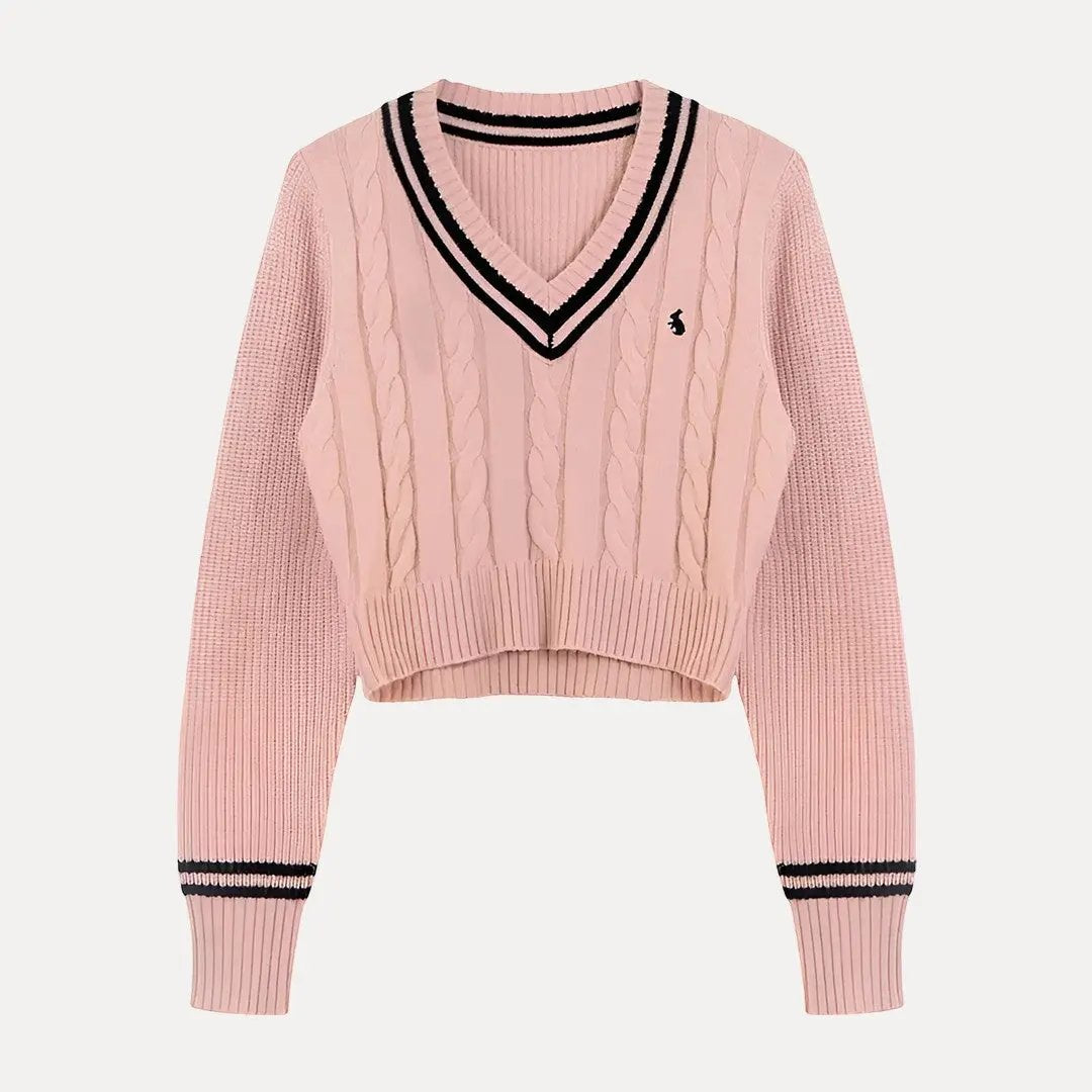 Women's cropped cable knit sweater V-neck with striped trim, cozy soft fabric casual chic style