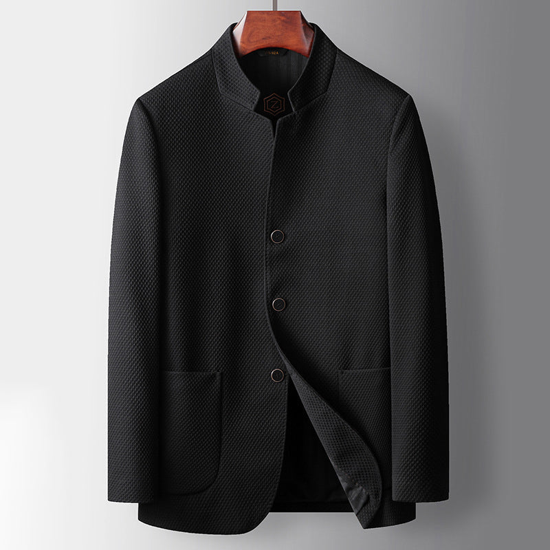 Men's tailored fit wool blend blazer with Mandarin collar, modern office style in classic tone