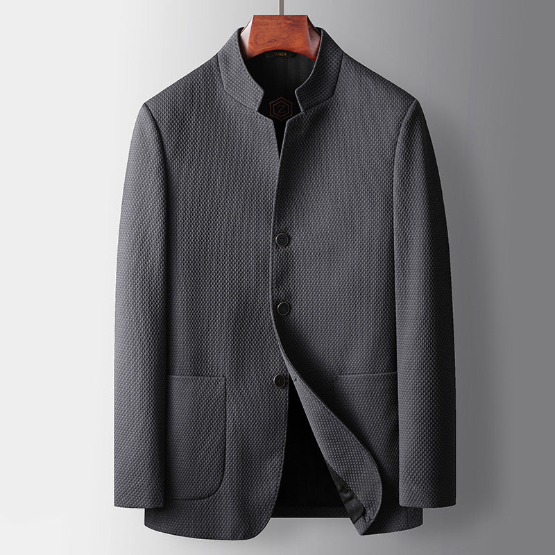 Men's tailored fit wool blend blazer with Mandarin collar, modern office smart-casual style