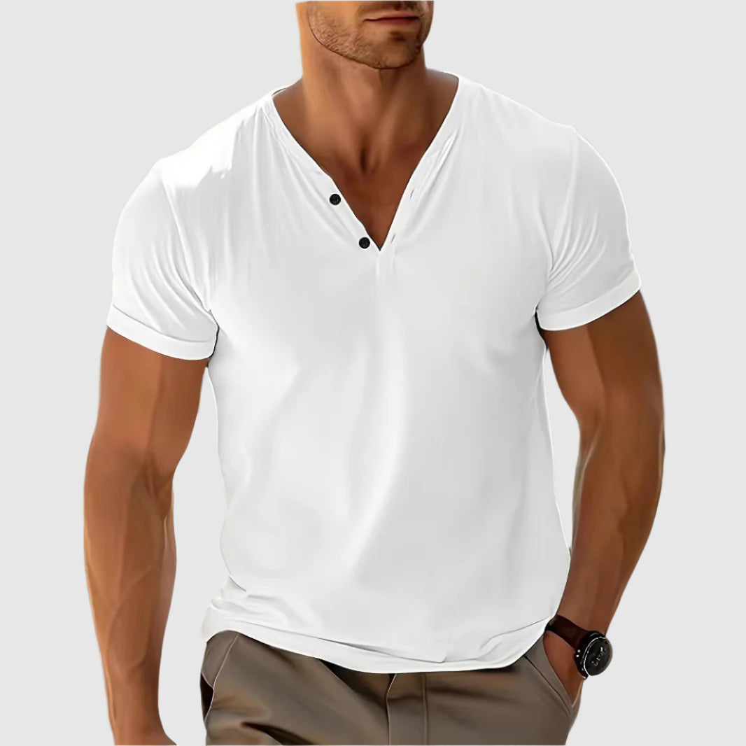 Men's white lightweight Henley shirt relaxed fit ultra-breathable airflow poly-blend warm weather essential