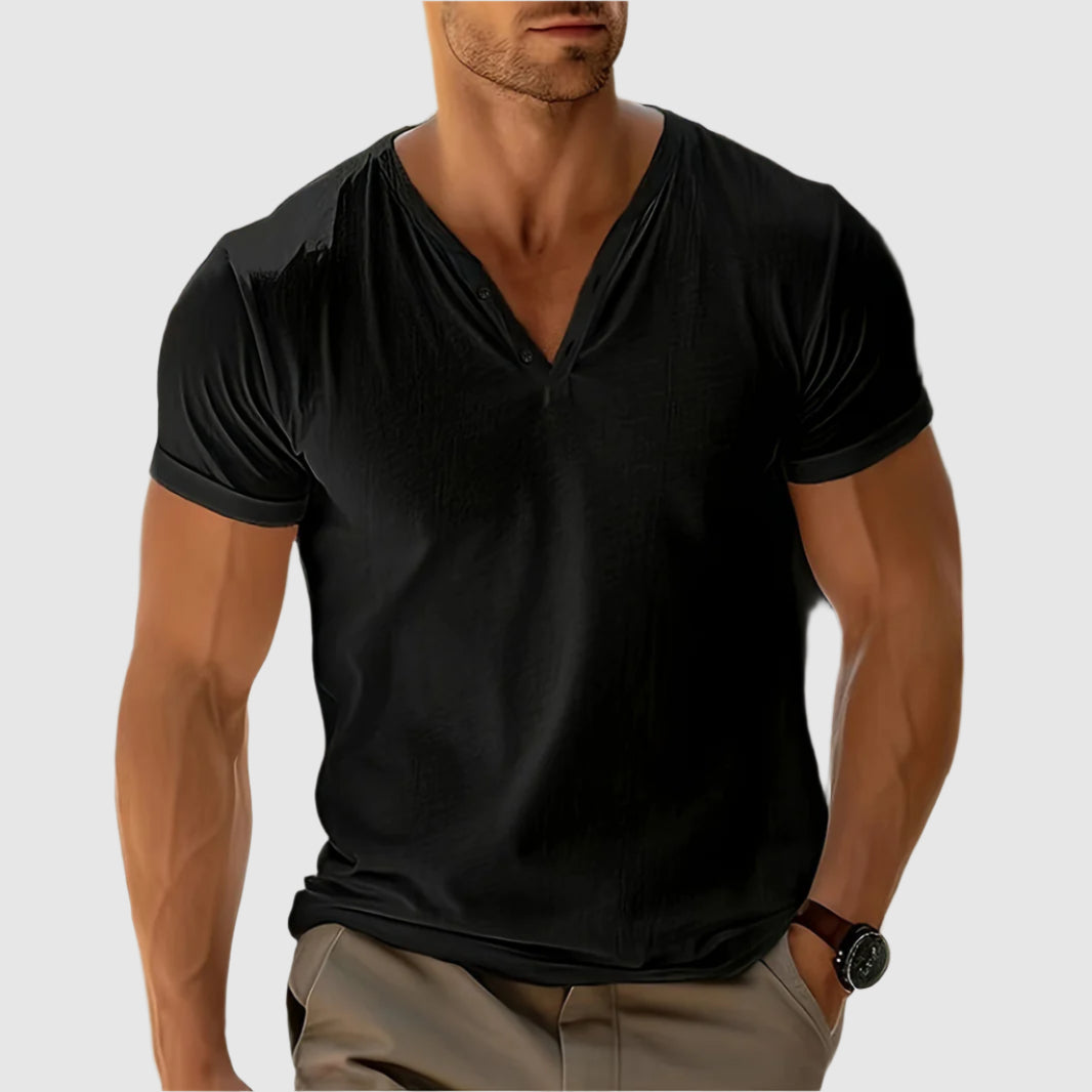 Men's white lightweight Henley shirt relaxed fit ultra-breathable airflow poly-blend warm weather essential