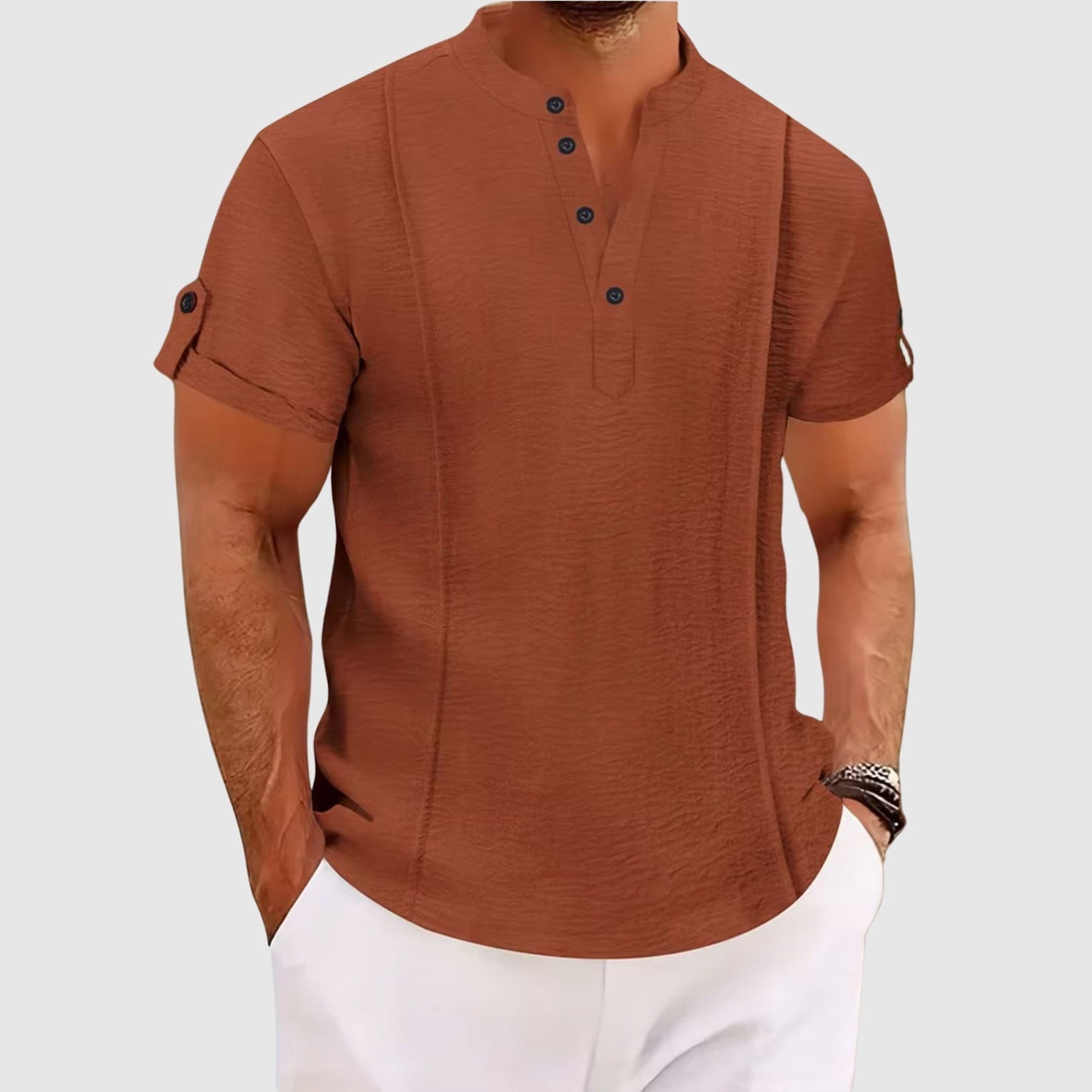 Alessandro Veneti men's white coastal shirt lightweight satin-finish three-button placket refined silhouette