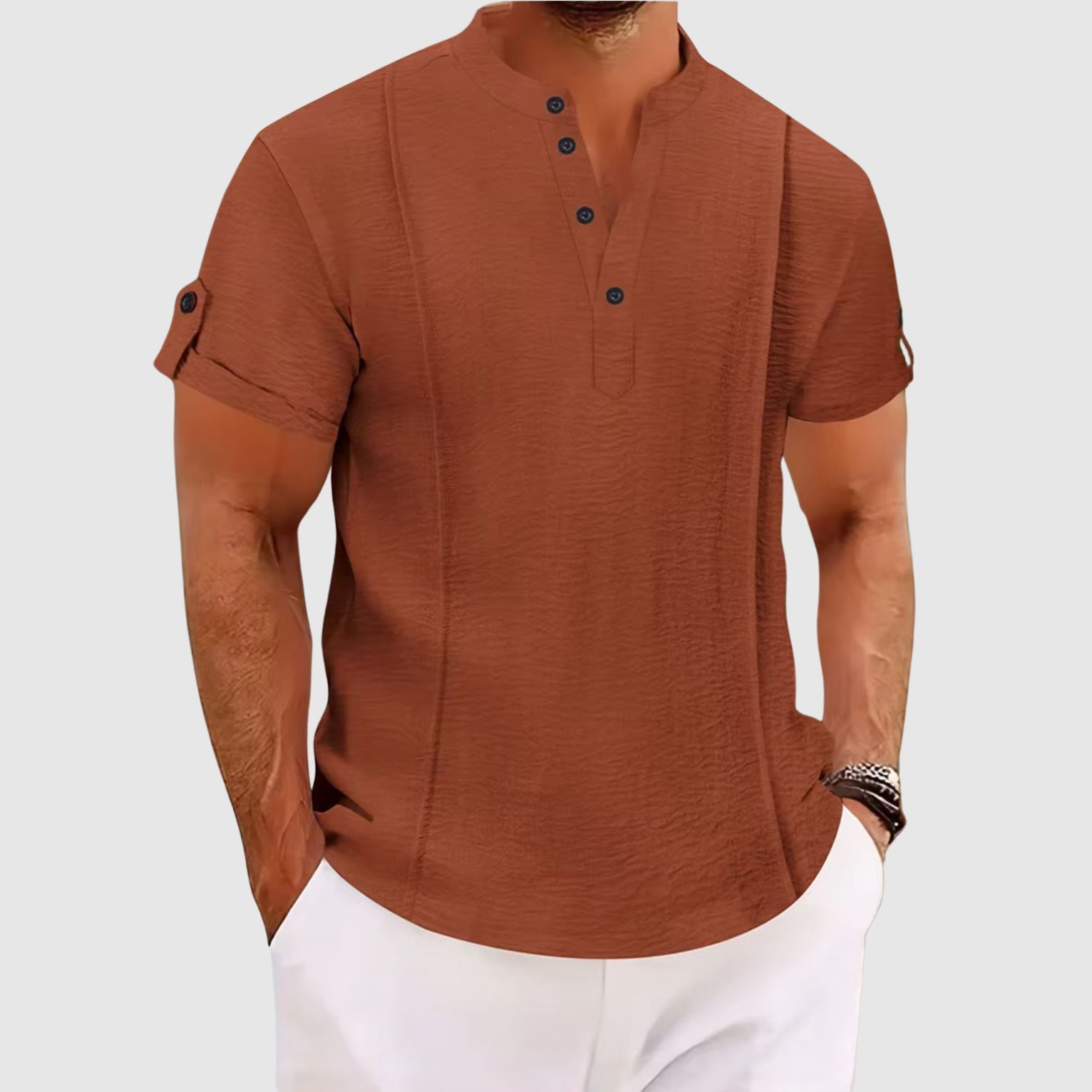 Alessandro Veneti men's white coastal shirt lightweight satin-finish three-button placket refined silhouette