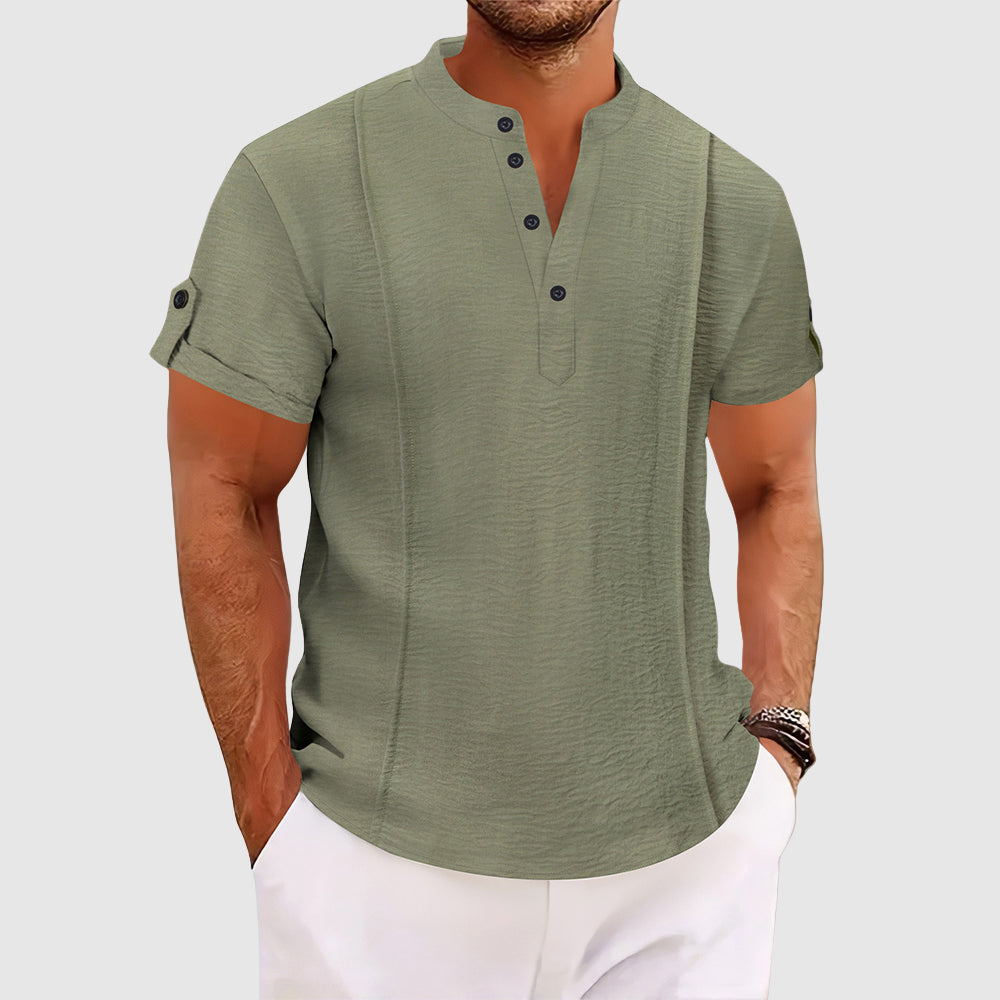 Alessandro Veneti men's light blue coastal shirt slim cut three-button placket satin-like poly-blend finish