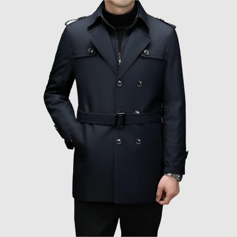 Alessandro Veneti olive double breasted windbreaker with epaulets, military-inspired structured silhouette