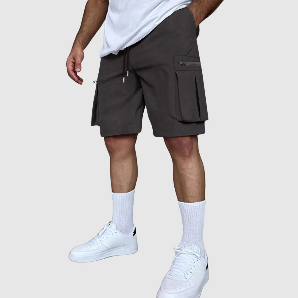 Men's olive cargo shorts rugged poly-blend field style with multi-pocket utility design