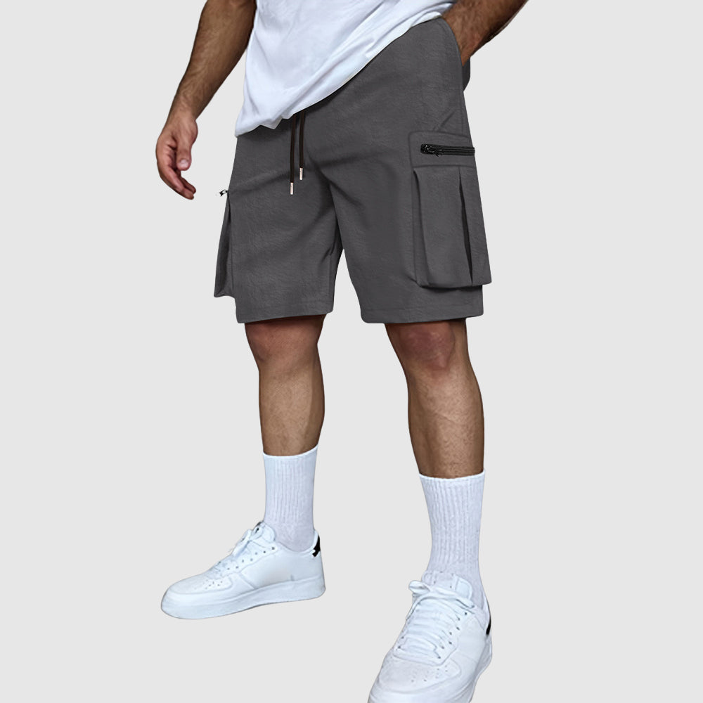 Men's olive cargo shorts rugged poly-blend field style with multi-pocket utility design