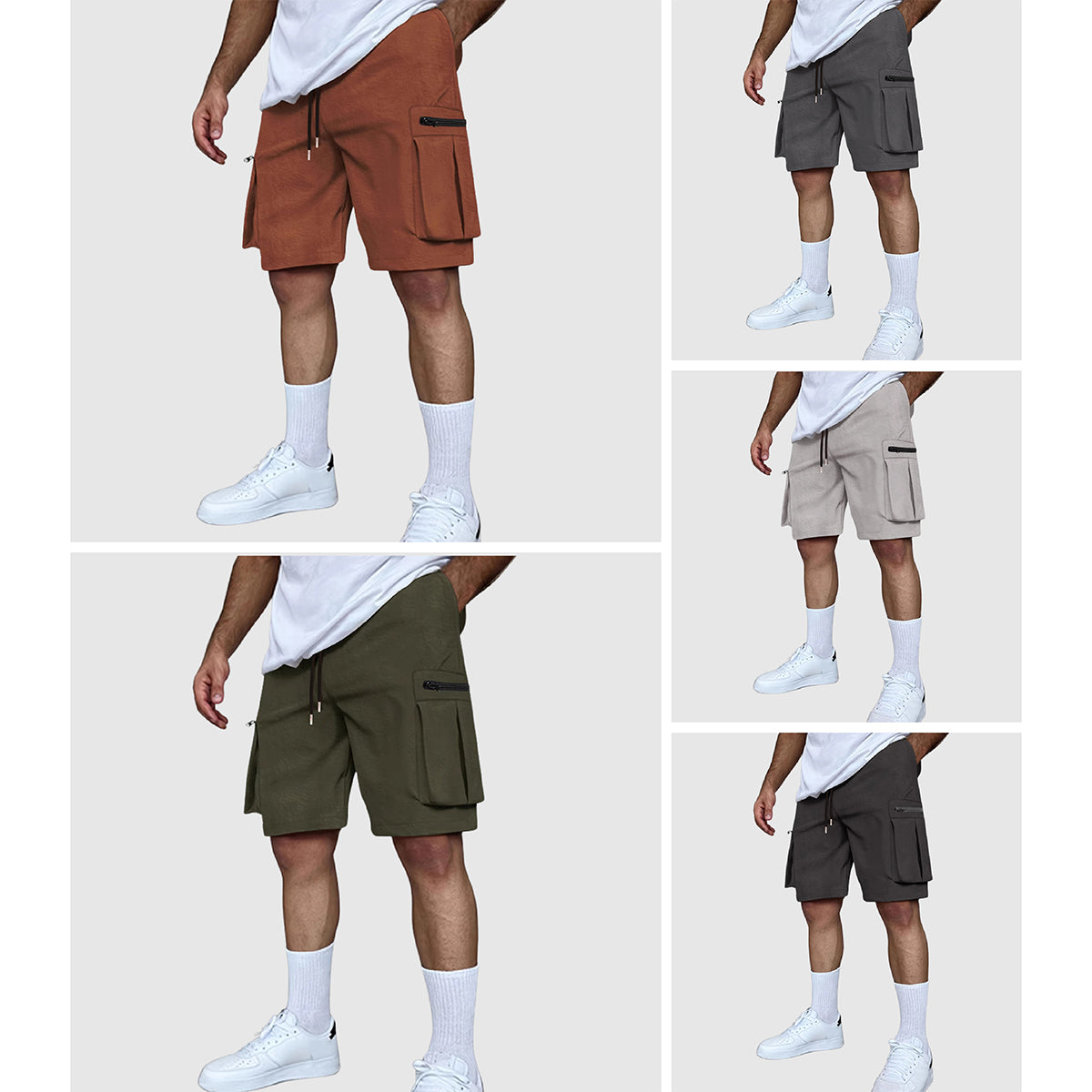 Men's olive cargo shorts rugged poly-blend field style with multi-pocket utility design