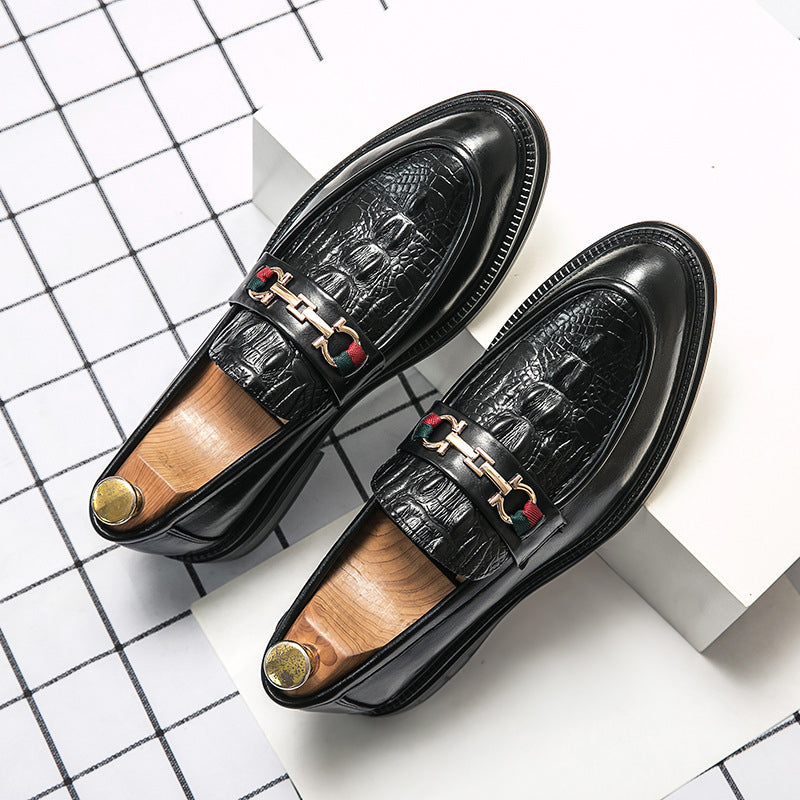 Alessandro Veneti men's embossed leather slip-on loafers with metal bit detail and ribbon accents