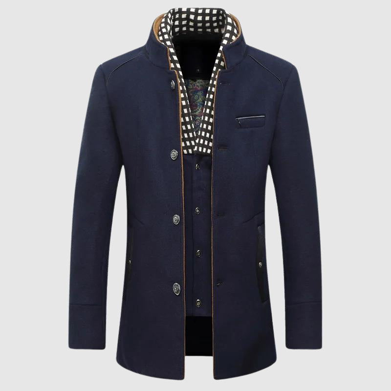 Men's wool blend coat dark tone slim silhouette checker lining hidden premium interior detailing