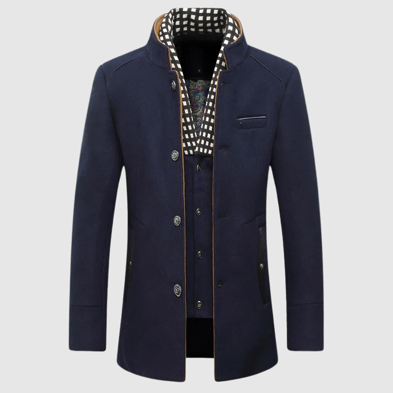 Men's wool blend coat dark tone slim silhouette checker lining hidden premium interior detailing