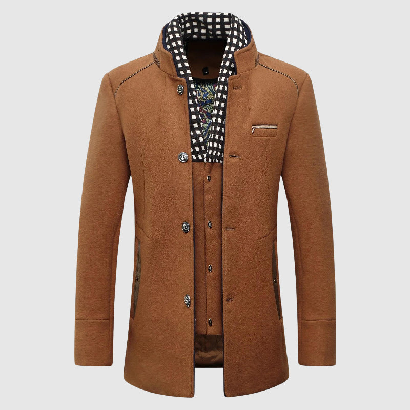 Men's wool blend overcoat dark tone slim silhouette checker lining hidden premium detailing Urbann Vibe