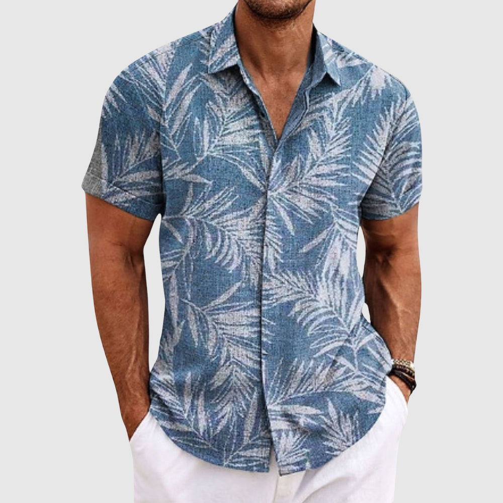 Men's resort button-down shirt with subtle palm-leaf woven texture in lightweight linen-poly blend